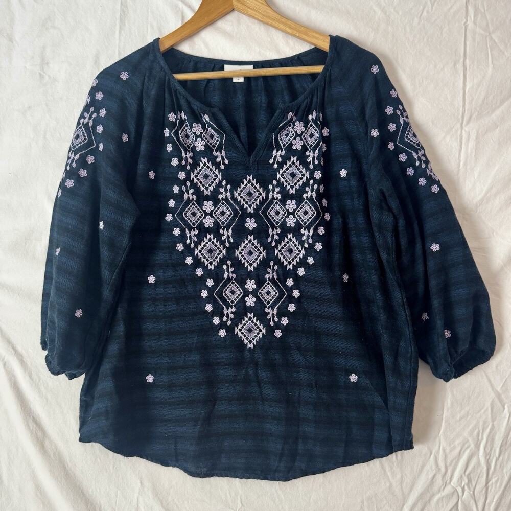 J Jill Womens Medium Blue Embroidered Boho Tunic Blouse 3/4 Sleeve V Neck Top